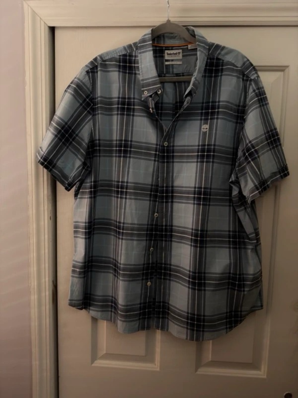 Timberland Men’s Short-Sleeve Blue Gray Plaid Button-Down Shirt